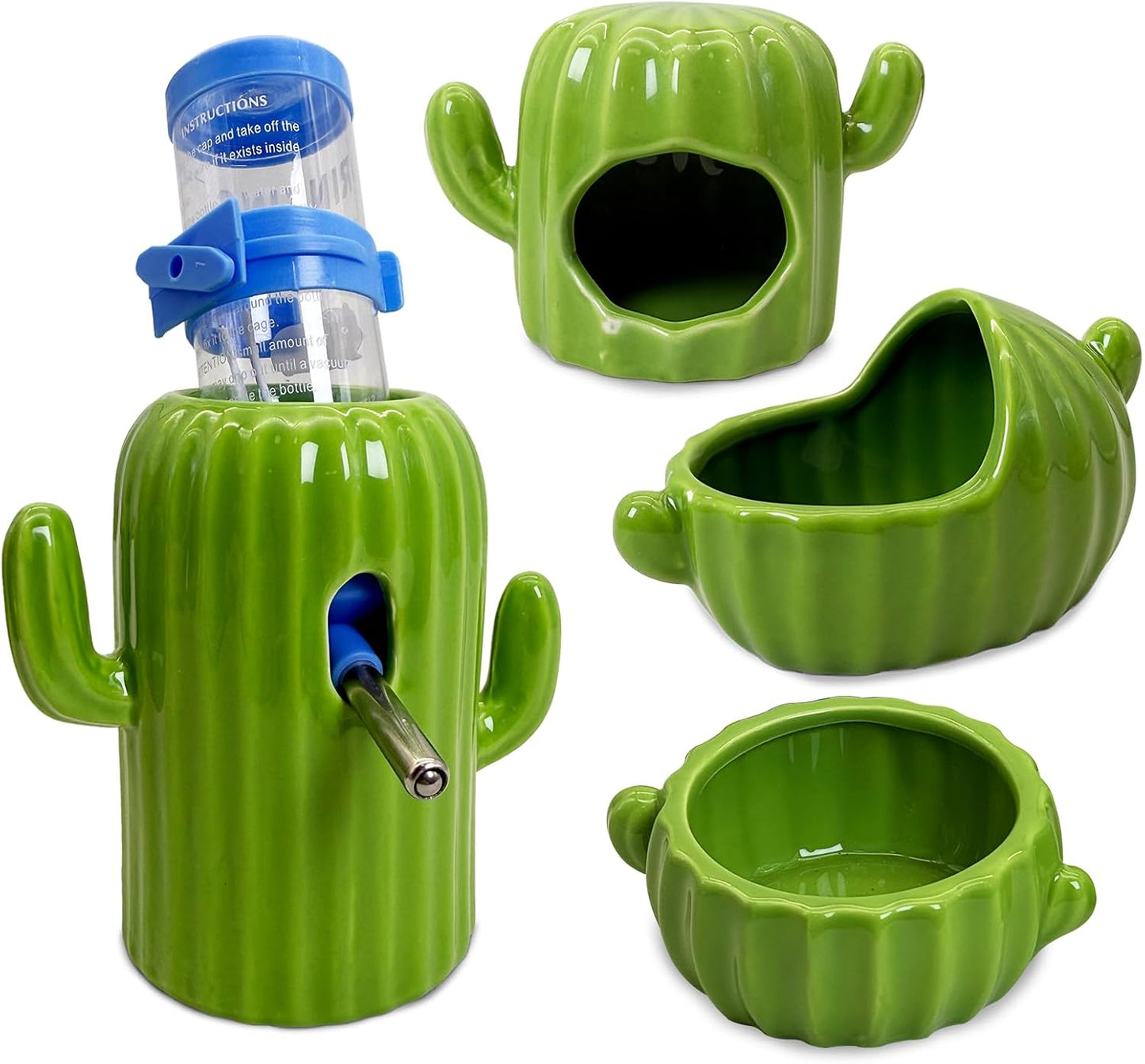 PINVNBY Ceramic Hamsters Hideout, Cactus Ceramic Dwarf Hideout, Hamster Water Bottle, Sand Bath, Food Bowl & 125ML Water Bottle Holder for Dwarf Hamster Cage Accessories