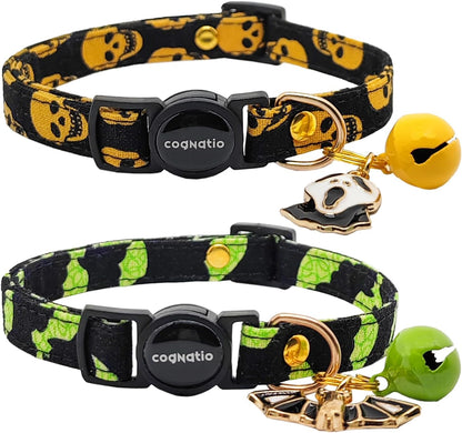 2 Pack Cotton Breakaway cat Collars with Bell,Safety Quick Release Pendant Cute Kitten Collar,Adjustable 20-30cm (Halloween2, 20-30cm)