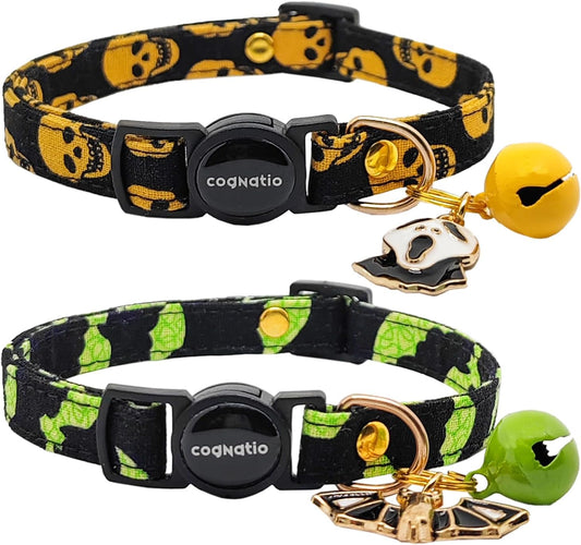 2 Pack Cotton Breakaway cat Collars with Bell,Safety Quick Release Pendant Cute Kitten Collar,Adjustable 20-30cm (Halloween2, 20-30cm)