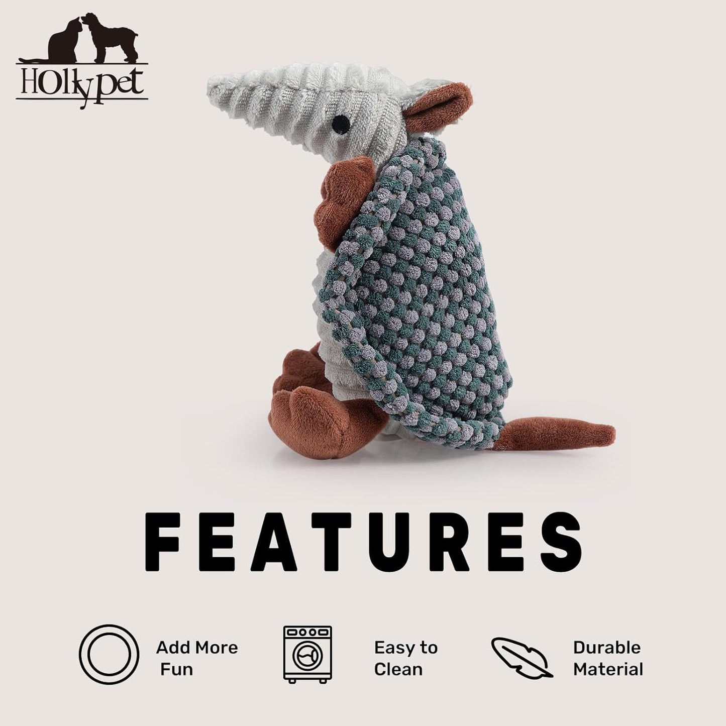 Hollypet Plush Dog Squeaky Toy Stuffed Armadillo Animal Pet Puppy Chew Toys with Clean Teeth for Small Medium Large All Breed Sizes Dogs, Light Gray and Dark Green,8 in