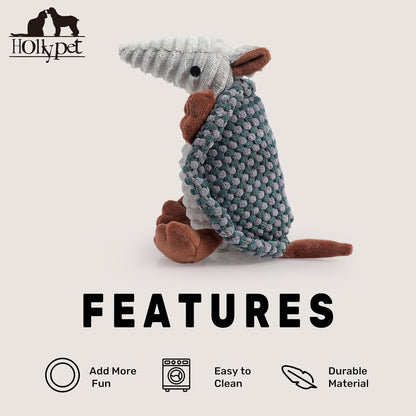 Hollypet Plush Dog Squeaky Toy Stuffed Armadillo Animal Pet Puppy Chew Toys with Clean Teeth for Small Medium Large All Breed Sizes Dogs, Light Gray and Dark Green,8 in