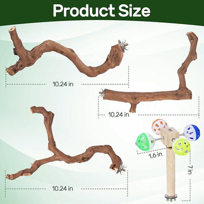 4-Piece Bird Perch Set with Rotating Ball Stand - Natural Wood Bird Gym & Playground for Parrots, Cockatiels, Budgies