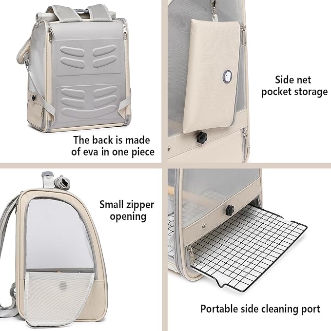 Bird Carrier Backpack, Portable Travel Bird Cage with Standing Perch, 2 Feeder Cups, Iron Mesh Stand & Removable Tray Lightweight, Breathable Mesh Window for Parrot Carrier，Easy Clean (Cream)