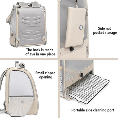 Bird Carrier Backpack, Portable Travel Bird Cage with Standing Perch, 2 Feeder Cups, Iron Mesh Stand & Removable Tray Lightweight, Breathable Mesh Window for Parrot Carrier，Easy Clean (Cream)