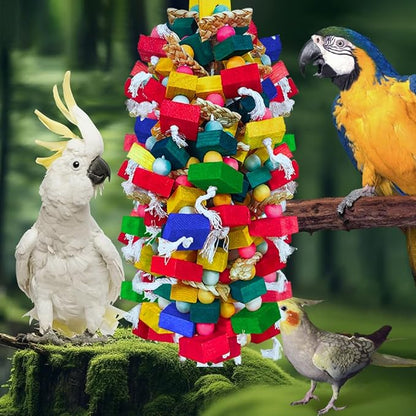 Bird Toys for Large Parrots Colorful Natural Wood Block Parrots Chew Foraging Toys for Bird Cages Cockatoos, Macaws, African Greys, and Amazons