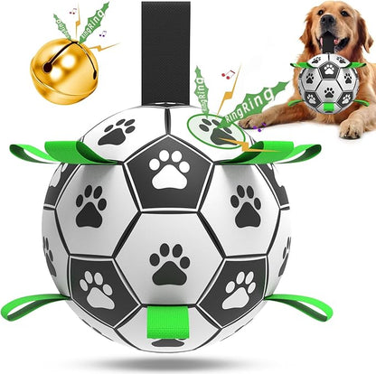 QDAN Dog Soccer Balls Toy with Bell Inside, Outdoor Interactive Dog Toys, Durable Ropes Squeaky Ball for Medium Large Dogs (8 Inch)