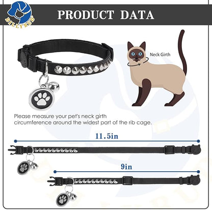 Leather Personalized Breakaway Cat Collar with Studded Bell and Safety Quick Release Buckle - Rivets Studded ID DIY Collars for Boy Girl Cats Kittens, 9" - 11.5" Black