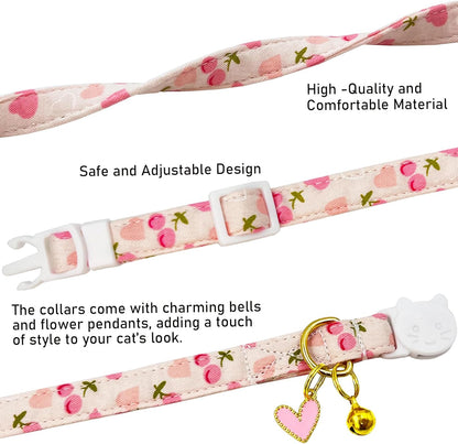 2 Pack Cotton Breakaway Cat Collars Set with Bell and Flower Pendant, Cute Floral Fruit Patterned, Adjustable 7.5-11Inch, Include A Mouse Toy Gift (Heart Cherry)