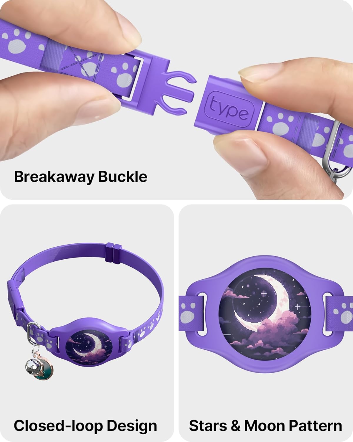 Cat Tracker Collar - Waterproof Airtag Cat Collar with Finder Tag (iOS ONLY), Compatible with Apple Find My, Breakaway Tractive Design with Reflective Pattern & Bell, Purple(Not for Android Devices)