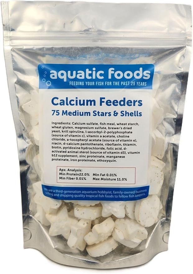 Aquatic Foods Inc. Medium Size Calcium Feeder Stars & Shells for Shrimp, Snails, Crabs, Crayfish, Hermit Crabs and All Tropical Fish…75 Count Bag