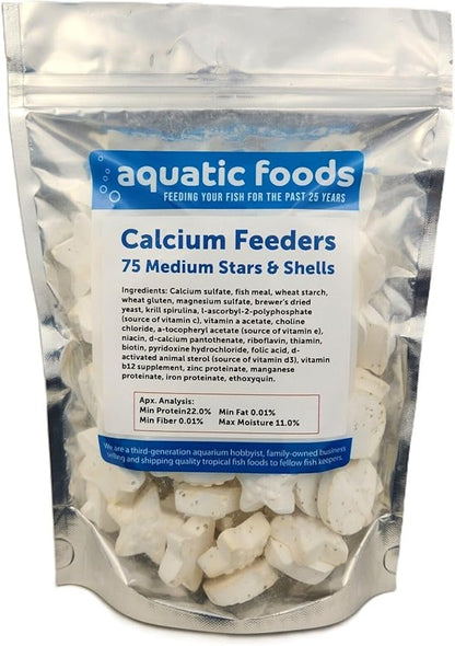 Aquatic Foods Inc. Medium Size Calcium Feeder Stars & Shells for Shrimp, Snails, Crabs, Crayfish, Hermit Crabs and All Tropical Fish…75 Count Bag