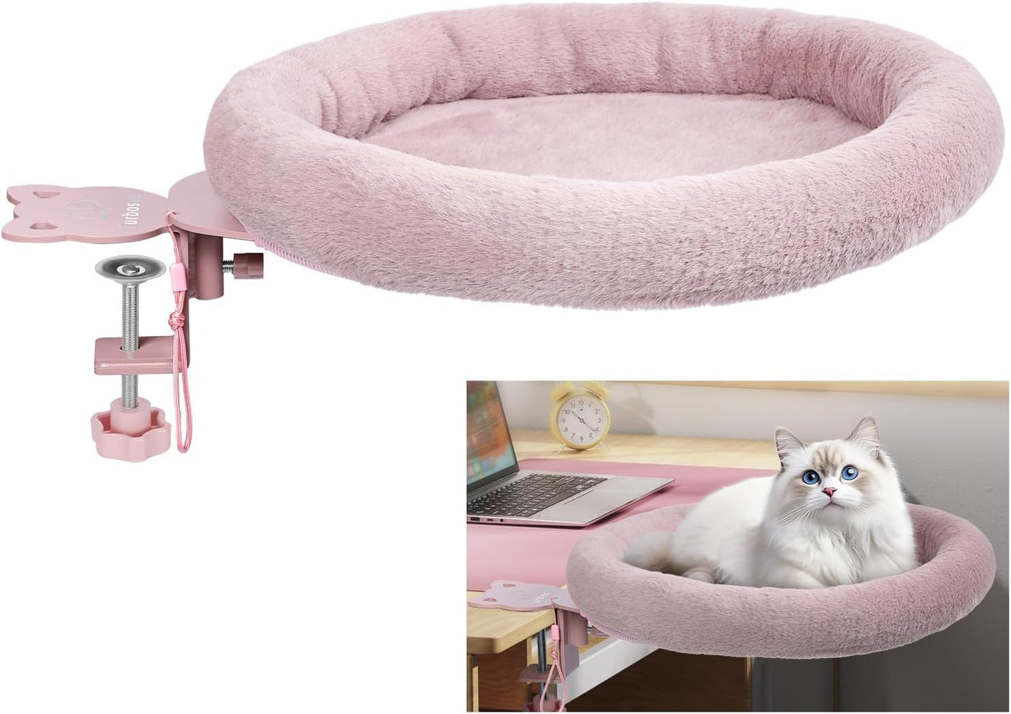 Rotating Cat Desk Bed - 40 LBS Chair-Side Cat Sleeping Basket with Bed for Desk, 360° Swivel & Removable Washable Cushion for Office Comfort(Pink