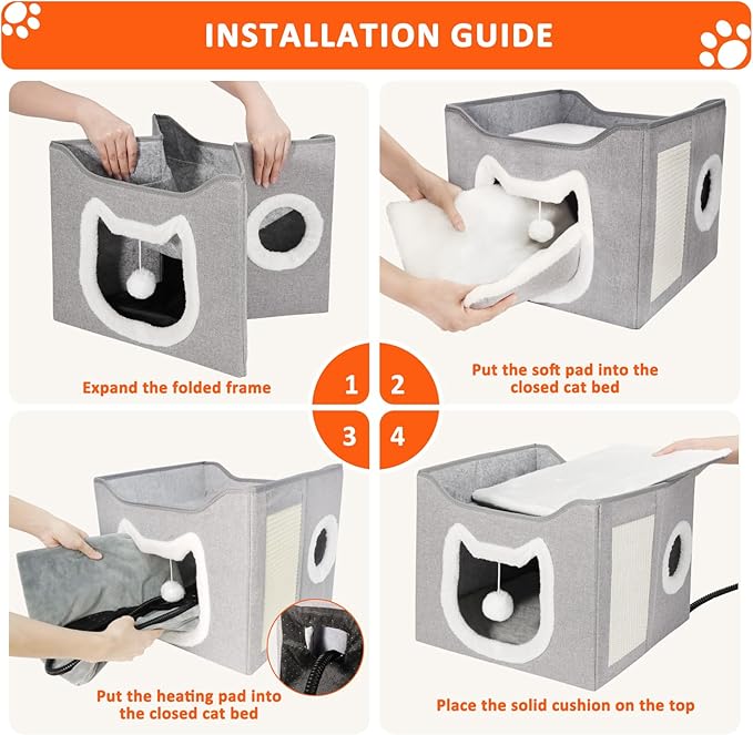 Heated Cat House for Indoor Cats - Heated Cat Bed Cave with Fluffy Ball and Scratch Pad, Foldable Cat Hideaway, Covered Cat Bed for Large Cats Kittens Small Pet