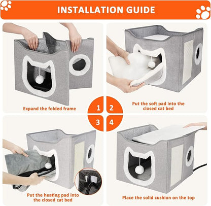 Heated Cat House for Indoor Cats - Heated Cat Bed Cave with Fluffy Ball and Scratch Pad, Foldable Cat Hideaway, Covered Cat Bed for Large Cats Kittens Small Pet