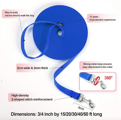 Reliable Siumouhoi Dog/Puppy Obedience Recall Training Agility Lead - 15ft， 20ft， 30ft ，40ft， 50ft Training Leash - Great for Play, Camping & Backyard（Blue，40 Feet