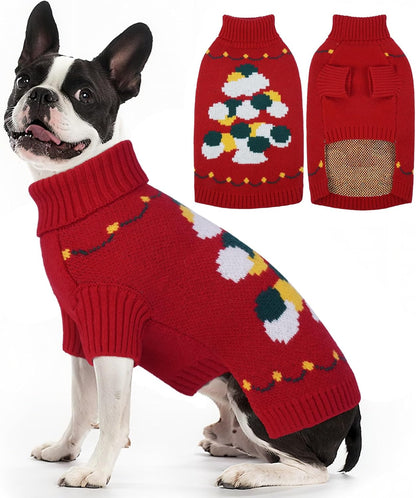 BRKURLEG Christmas Dog Sweaters for Cold Weather, Soft Warm Turtleneck Sweaters for Medium Large Dogs, Xmas New Year Pet Knitted Sweatshirt Outfit for Boston Terrier, Beagle (Red, L)