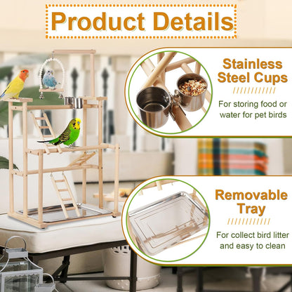 Pet Parrot Playstand Parrots Bird Playground Bird Play Stand Wood Perch Gym Playpen Ladder with Feeder Cups Bells for Cockatiel Parakeet (3 Layers)
