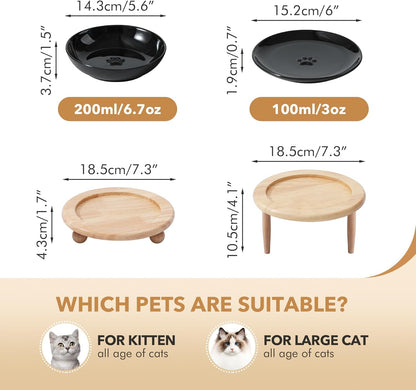 Raised Ceramic Wide Whisker Friendly Cat Dishes, Food&Water Bowl with 2 Style Stand Adjustable Pet Bowl Set(1Dish+1Shallow Dish+Stand, Black