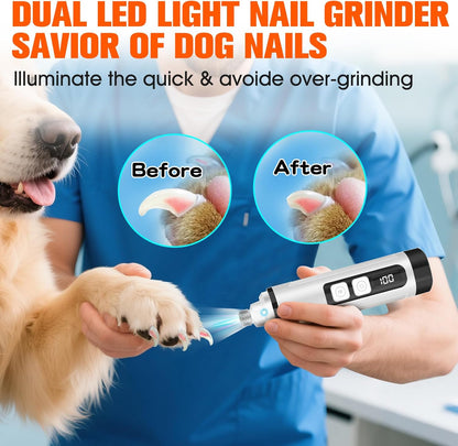 Dog Nail Trimmers Ultra Quiet Electric Pet Dog Nail Clippers Cat Nail Clipper with Led Lights Nail Grinder High Speed Nail File Electric Clippers for Grooming Small, Medium,Large Dogs and Cats (white)