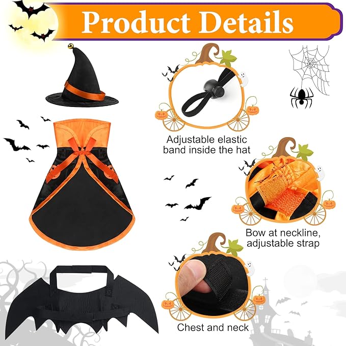 Frienda 3 Pieces Cat Halloween Vampire Costume Includes Vampire Costume Cloak Wizard Hat and Cat Bat Wings for Kittens Pet Halloween Party Cosplay Accessories(Orange,Pumpkin)