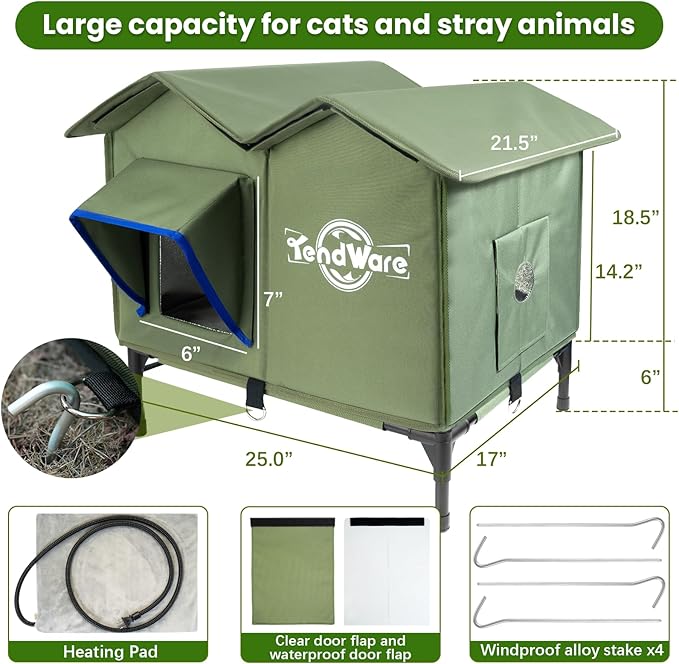 Heated Cat House for Outside Outdoor Cat House with Elevated Base Cat-Attracting Eave Design Feral Stray Shelter Weatherproof in Winter Garage Yard Porch Size L