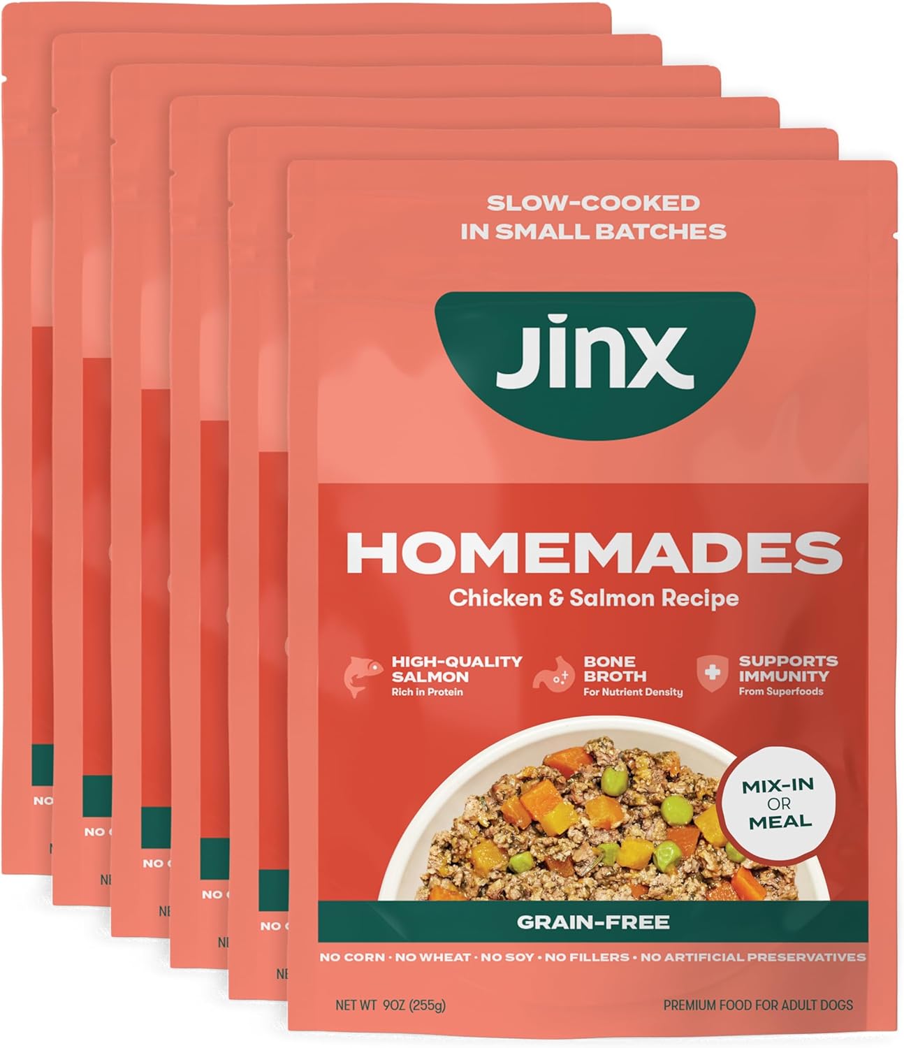 Jinx Salmon Grain Free Wet Dog Food Toppers, Meal or Mix with Dry Dog Food, Made with Real Salmon & Chicken, Bone Broth, No Fillers, Puppy, Adult, Senior, 9oz, 6 Pack