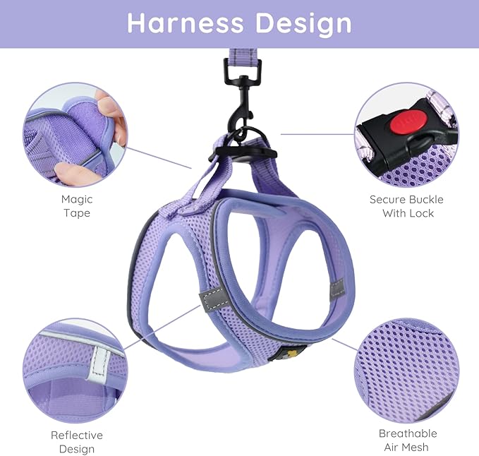 BELLA & PAL Small Dog Harness, Lavender, L, Animal Harness with Leash Set, No Pull, Step in, Reflective, Mesh, for Extra Small Dogs