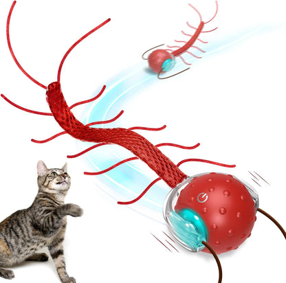 Interactive Cat Toys for Indoor Cats, Moving Cat Ball with Tail, Fast Rolling on Carpet, Chirping & Motion Activate