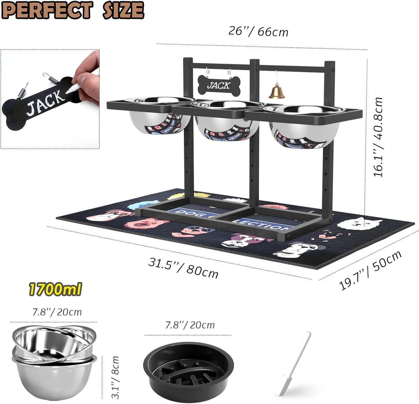 Elevated Dog Bowls for Large Dogs, 6 Height Adjustable Raised Stand with Mat, Slow Feeding Bowl and Three 1700ML Bowls, for Large Breed and Multi-Pet Households