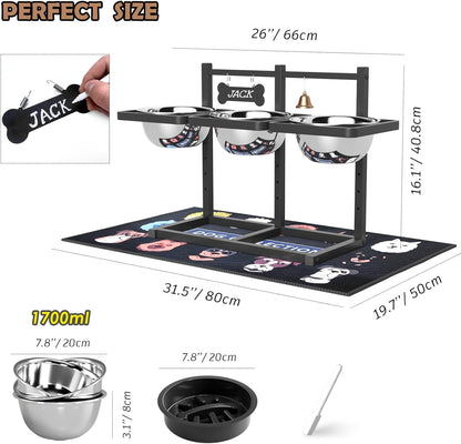 Elevated Dog Bowls for Large Dogs, 6 Height Adjustable Raised Stand with Mat, Slow Feeding Bowl and Three 1700ML Bowls, for Large Breed and Multi-Pet Households