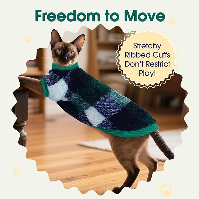 DENTRUN Cat Sweater Winter Clothes - Plush Fleece Coat with Cotton Lining, Anti-Static, Front Legs Kitten Pajamas, Stretch Ribbed Cuffs for Warmth, Cozy Christmas Outfit for Small Medium Large Cats