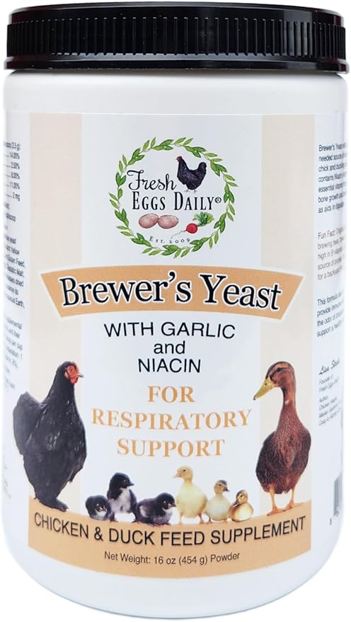Fresh Eggs Daily Brewers Yeast Powder with Garlic & Niacin for Chicken & Duck Backyard Flocks - Suitable for Young Chicks & Ducklings - Supports Healthy Bone Development, Digestion & Immunity - 1lb