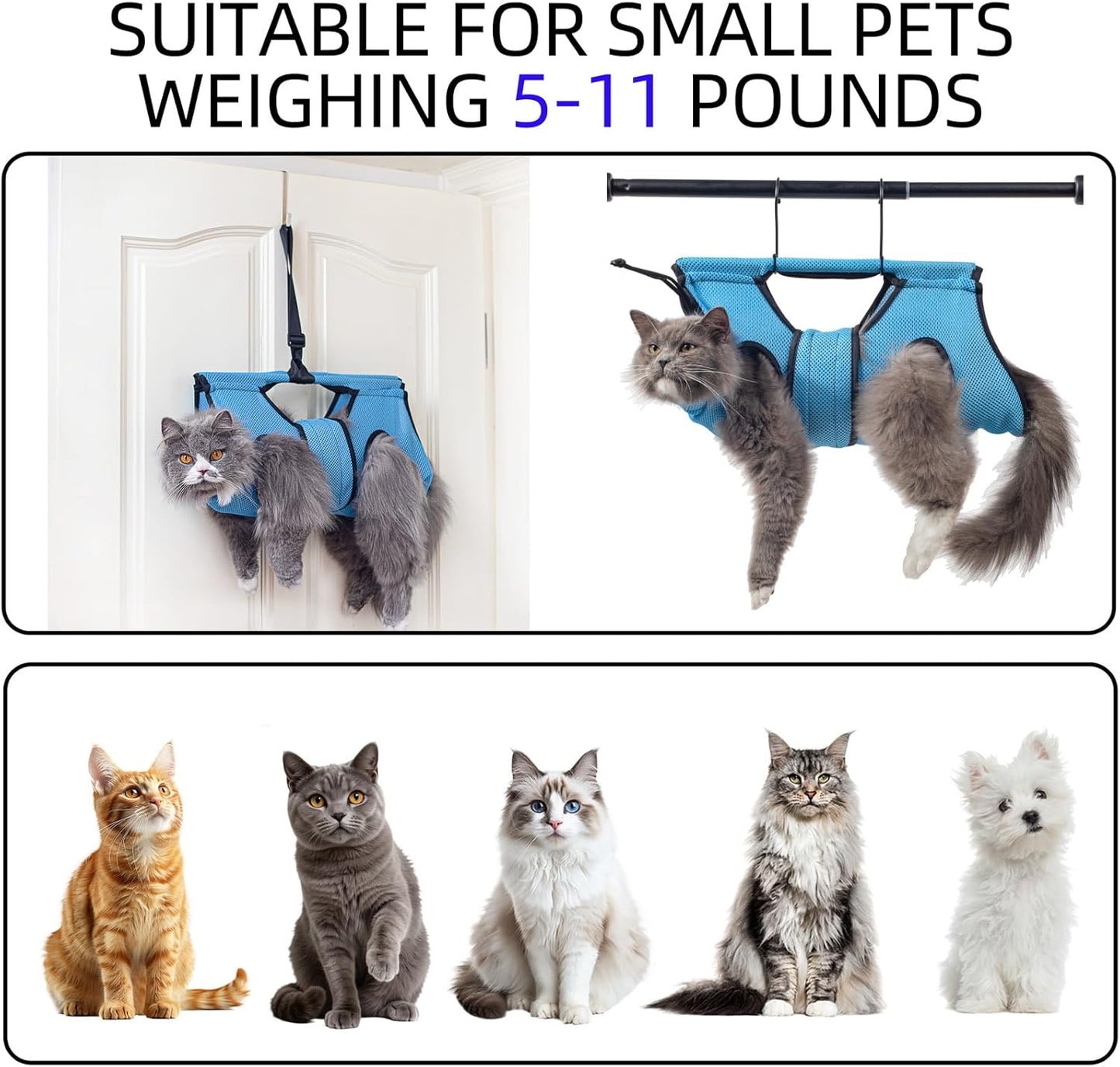 Pet Grooming Hammock for 6-11 lbs Pets - Adjustable Height, Tool Bag, 30 lb Capacity, Door-Hook Hanging, Foldable, Blue