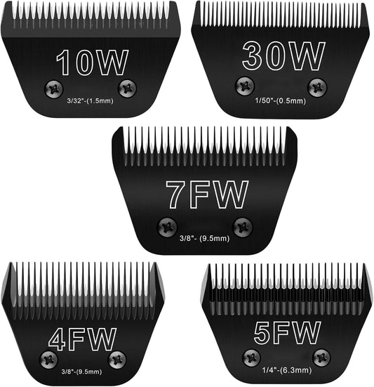 5PCS Wide Blades for Dog Grooming Blades Compatible with Andis Dog Clippers,Dog Clipper Blades Compatible with Oster A5,Wahl km10 Dog Clippers,Stainless-Steel Blade Sharp,Size:10W+30W+4FW+5FW+7FW
