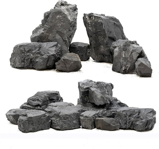 Unocho Aquarium Slate Rocks 10LB Fish Tank Stones Black Rocks for Aquarium Aquascaping Fish Tank Decoration Reptile Basking Platforms Paludarium Bonsai Vivariums(3"-7"-7Pcs)