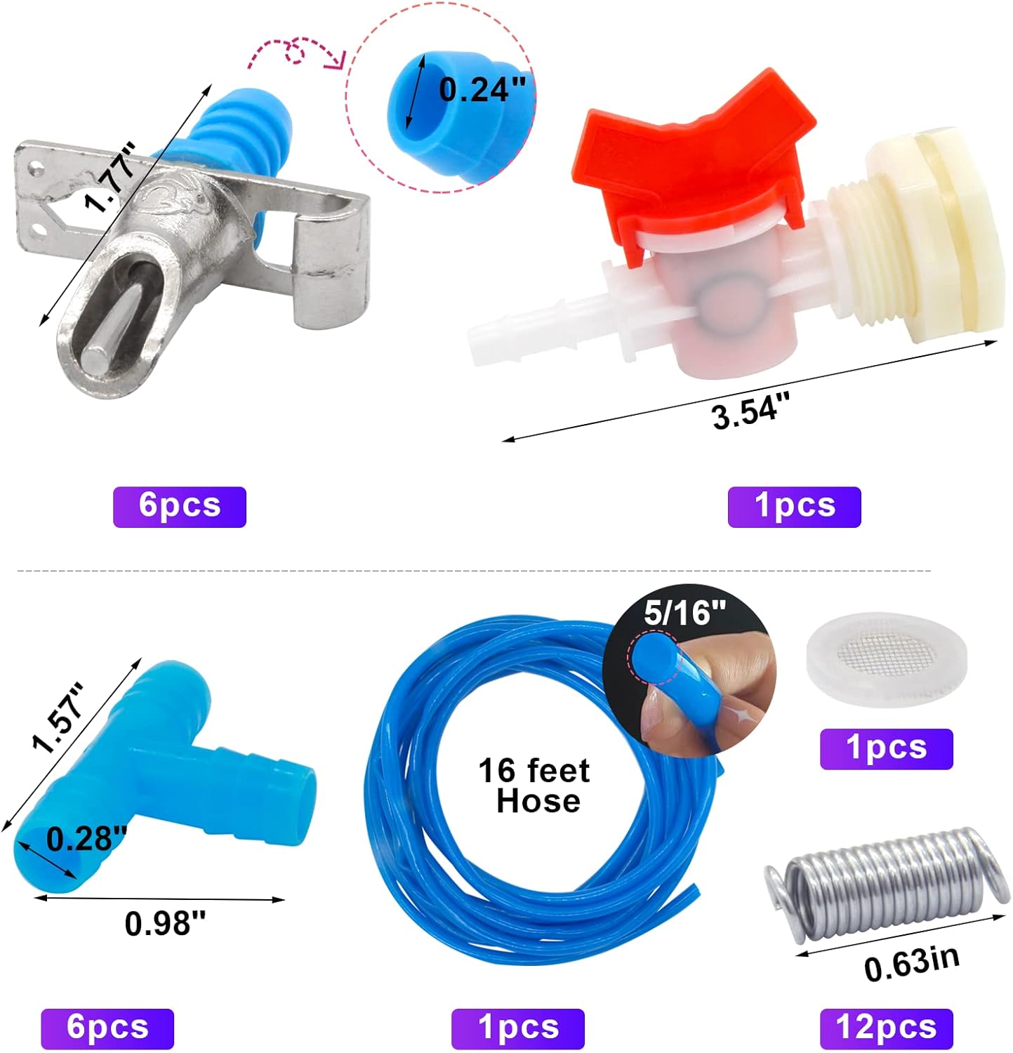 Automatic Rabbit Watering Kit Include 6 Nipple Drinker Feeders, ID 5/16" Hose, Barb Fittings to G1/2" Thread Connector, Watering System Bucket Connector