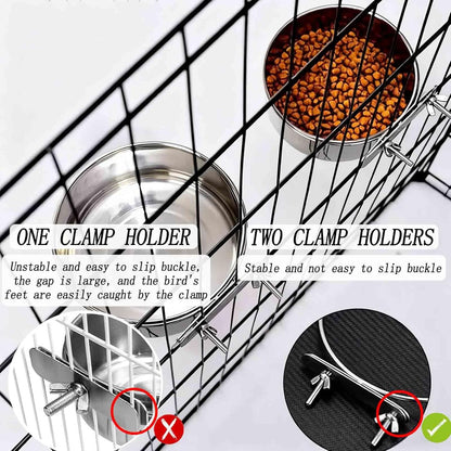 2 Pcs Stainless Steel Bird Food Water Bowls, Parrot Feeding Dish Cups with Clamp Holder Bird Ball Toys for Chinchilla, Cockatiel, Conure, Budgies, Parakeet, Lovebirds, Small Animals (Small)