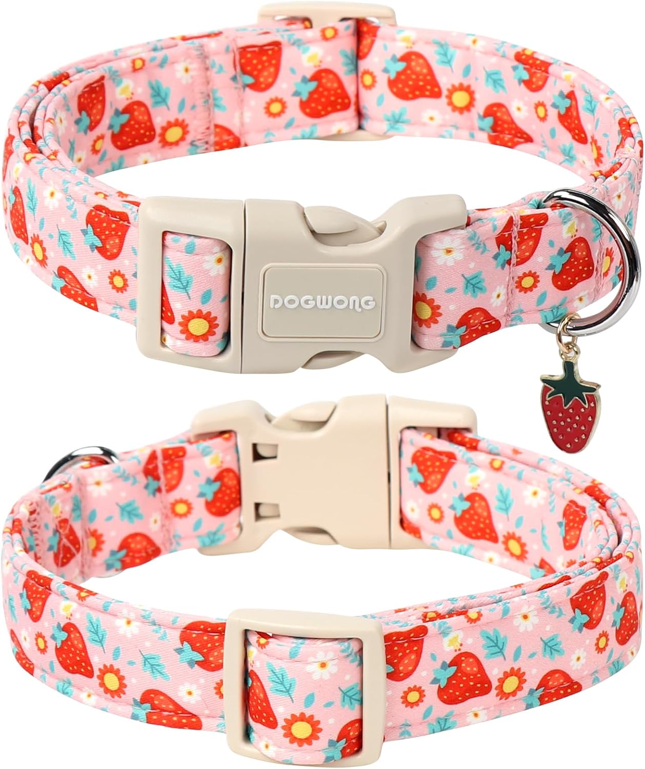 DOGWONG Cute Dog Collar- Strawberry Dog Collars Adjustable Designer Strawberry Flower Puppy Dog Collar for Small Medium Large Dogs XS