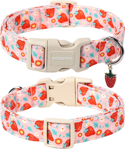 DOGWONG Cute Dog Collar- Strawberry Dog Collars Adjustable Designer Strawberry Flower Puppy Dog Collar for Small Medium Large Dogs XS