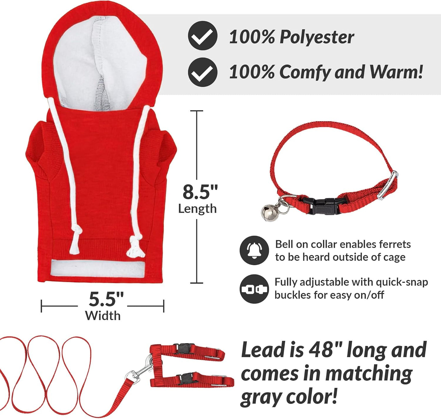 Red Ferret Sweater, Harness, and Leash Set - Ferret Clothes- Ferret Accessories - Clothes for Ferrets - Ferret Stuff - Hoodies for Ferrets - Ferret Accessories