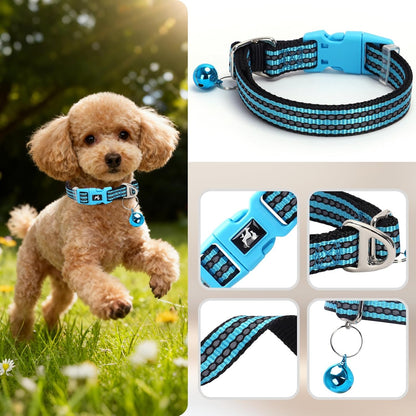 Reflective Dog Collar with Bell - Hypoallergenic Adjustable Nylon Puppy Collar for Night Safety, Soft Comfort Fit Small Dogs & Cats, Blue Small