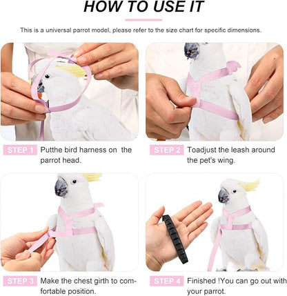 Shappy 4 Pieces Pet Parrot Bird Harness Leash Adjustable Bird Flying Harness Traction Rope with Cute for Parrots Pigeons Budgerigar Lovebird Cockatiel Mynah Outdoor Training Toy (Green, Pink,XS)