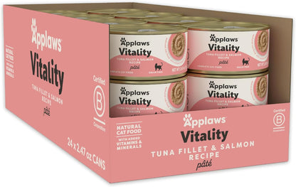 Applaws Vitality Wet Cat Food Paté, Natural Cat Food with Added Vitamins & Minerals, Grain-Free, Carrageenan Free, Tuna Fillet and Salmon Recipe (24 Count, 2.47 oz Cans)