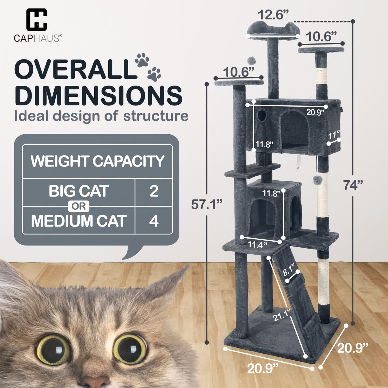 CAPHAUS Cat Tower for Indoor w/Cat Wand Toy, Modern Cute 74-Inch Cat Tree w/Widened Perch for Large Cats Kittens, Multi-Level Cat Activity Tree w/Scratching Posts, Tunnel, Basket, Cat Cave Condo