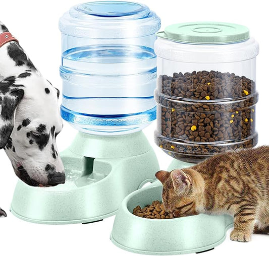 2 Pack Automatic Cat Feeder and Water Dispenser in Set Gravity Food Feeder and Waterer Pet Food Bowl for Small Medium Dog Pets Puppy Kitten Big Capacity 1 Gallon x 2 (2 Pack Green)