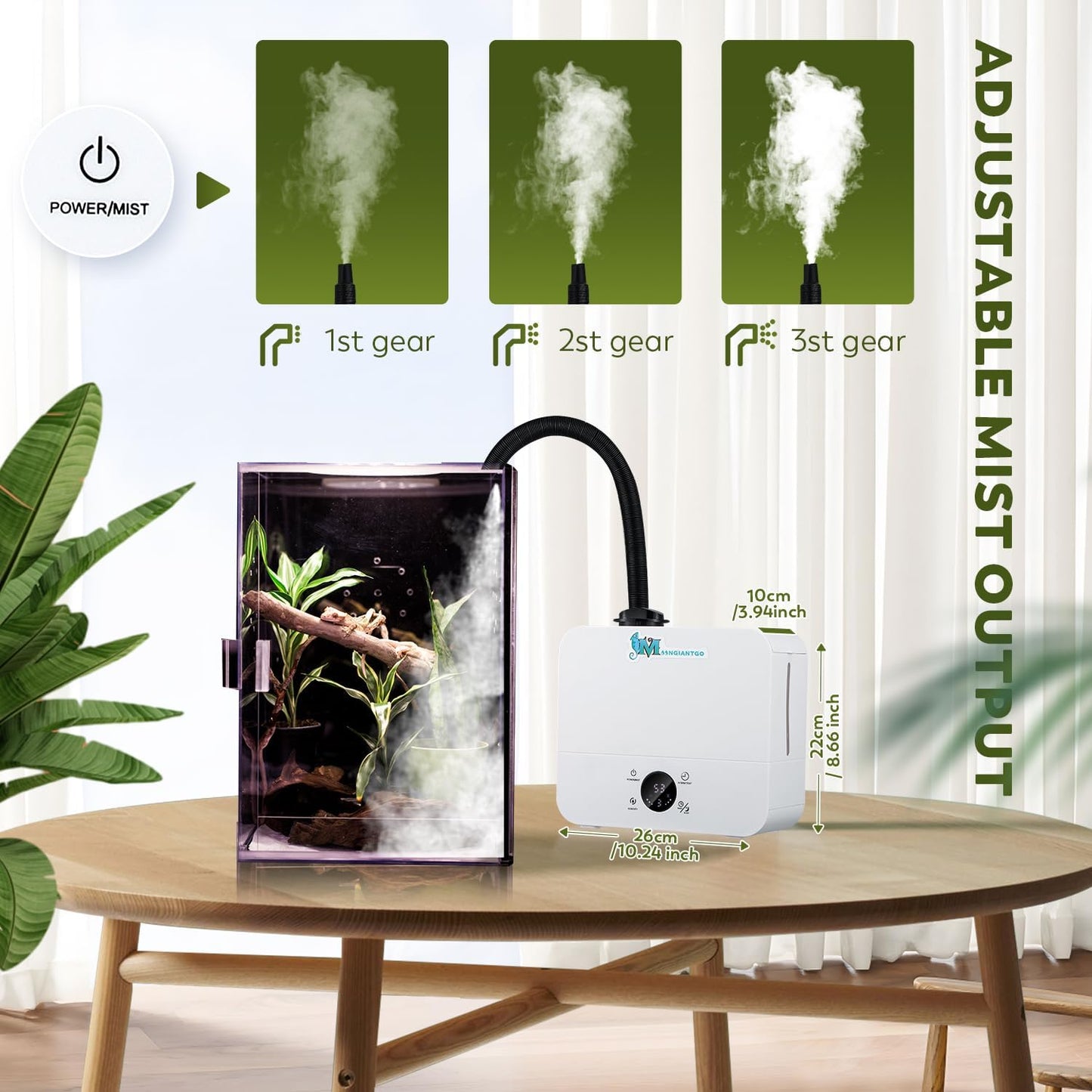 Moongiantgo Reptile Humidifier with Humidity Control, 3 Gears Adjustable Fog, Timing Function, Reptile Terrarium Fogger with 2.5L Tank and Extended Hose for Reptiles Lizard Gecko Snake Plants
