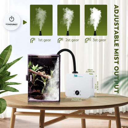 Moongiantgo Reptile Humidifier with Humidity Control, 3 Gears Adjustable Fog, Timing Function, Reptile Terrarium Fogger with 2.5L Tank and Extended Hose for Reptiles Lizard Gecko Snake Plants