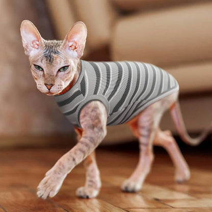 BRKURLEG Hairless Cats T Shirt, Cat Sweaters, Pullover Kitten Shirts, Sleeveless Round Collar Cotton Vest for Cornish Rex Devon Rex Peterbald and Small Dogs Sweater(Grey Stripes, L)