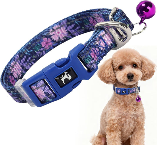 Floral Puppy Collar with Bell - Adjustable Flower Print Dog Collar for Small Dogs, Reflective Soft Comfort Collar for Chihuahua, Pomeranian, Tiny Breeds (XSmall) for Dogs