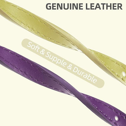 PUPTECK 2 PCS Soft Genuine Leather Cat Kitten Collar with Bells Adjustable for Girl Boy Cats Puppy - Yellow Green, Deep Purple